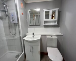 A new bathroom fitted in Southampton featuring a shower enclosure, new toilet, sink with cabinet, medicine cabinet and mirror.
