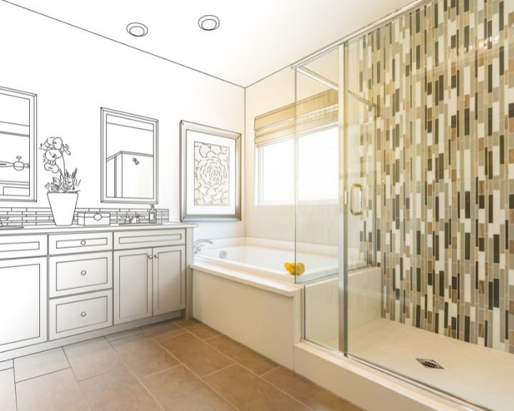 A bathroom design sketch showcasing a bathtub and shower.