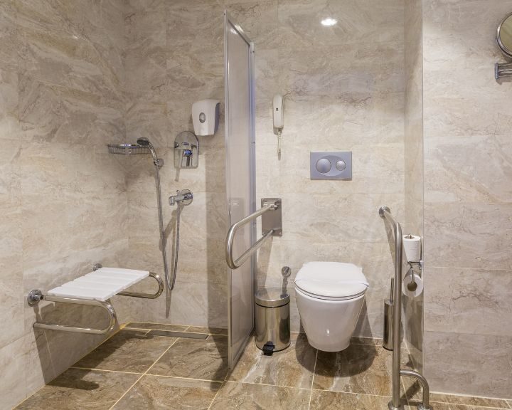 A Southampton disabled bathroom fitted with a new accessible toilet and shower.